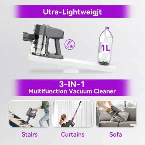 DEVOAC N300 Cordless Vacuum Cleaner, 6 in 1 Ultra-Lightweight Stick Vacuum, 2200mAh Battery Up to 40mins Runtime, 40Kpa Powerful Vacuum for Hard Floor Carpet Pet Hair Home Purple - Image 3